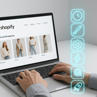 Minimal white and gray scene. A person is using a laptop, hands on the keyboard, with focus on the laptop screen showing a Shopify fashion store . Next to the screen, a vertical cluster of glowing teal/blue holographic icons floats together, representing services: clock, paintbrush, gear, lightning bolt, magnifying glass with chart, and rocket. Icons look like a futuristic service menu. Clean, modern, professional design, square 896x896.