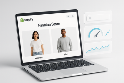 "Minimal white and gray themed 3D scene. A laptop screen displays a Shopify fashion store homepage showing both men’s and women’s clothing categories. On the side of the screen, sleek SEO and performance analytics are overlaid: a search bar with ranking chart, a speedometer gauge, and a small line graph. Clean design, subtle blue/teal highlights, professional and modern look. Square 896x896."
