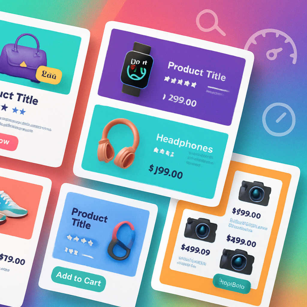 Multiple colorful product template previews stacked in an artistic grid, each tilted slightly for depth. Background is a lively gradient (teal, coral, purple). Icons like shopping cart, magnifying glass, and speedometer float around to symbolize ecommerce, SEO, and performance. Style: bright, modern, and creative with a premium touch.square layout(896x896)