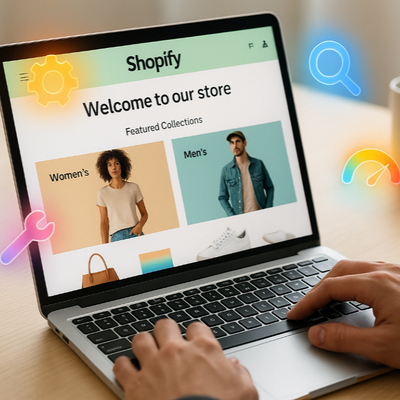 Realistic over-the-shoulder view focused on a laptop screen displaying a colorful Shopify store homepage with men’s and women’s products. Person’s hands are visible on the keyboard. Around the screen, glowing semi-transparent colorful icons float: gear, wrench, magnifying glass, paintbrush, and speedometer, symbolizing Shopify support. Background shows a bright modern desk with plant and coffee mug but softly blurred to keep the focus on the screen. Clean, professional, and realistic style. Square 896x896.