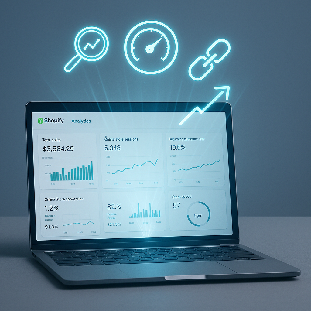 Realistic laptop on a minimal desk, cool blue/grey background. On the laptop screen, a Shopify analytics dashboard is visible (charts, graphs, speed scores). From the laptop, glowing holographic icons float up: magnifying glass with graph, speedometer, chain link, and upward arrow. Icons glow in neon teal/blue, semi-transparent, arranged in a dynamic arc above the laptop. Subtle hologram light beams create a futuristic, professional, and minimal look. Square 896×896.