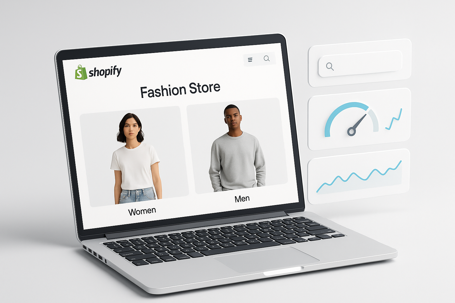 "Minimal white and gray themed 3D scene. A laptop screen displays a Shopify fashion store homepage showing both men’s and women’s clothing categories. On the side of the screen, sleek SEO and performance analytics are overlaid: a search bar with ranking chart, a speedometer gauge, and a small line graph. Clean design, subtle blue/teal highlights, professional and modern look. Square 896x896."