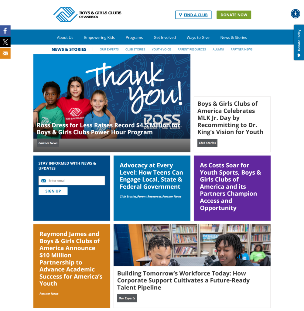 Boys and Girls Clubs of America News and Stories page showing partner news club stories youth voice and expert articles grid layout on WordPress