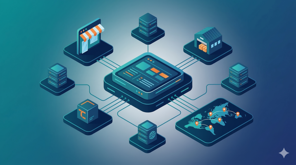 An isometric diagram showing a unified B2B E-commerce ecosystem, connecting a central server hub with a digital storefront, a warehouse, and global logistics data.