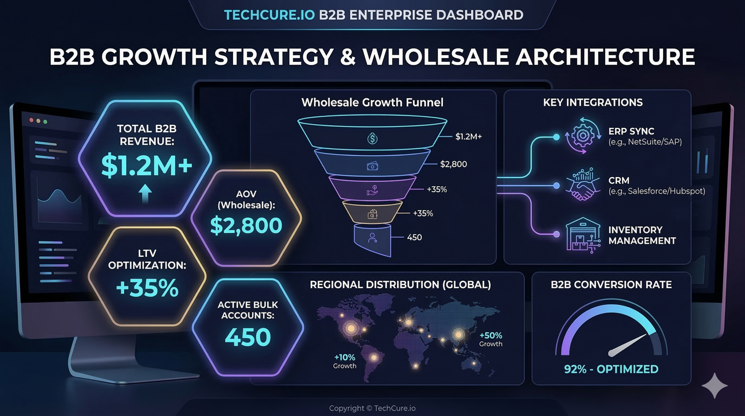 Enterprise B2B dashboard showing wholesale growth metrics, LTV optimization, and inventory management systems for scaling manufacturers.