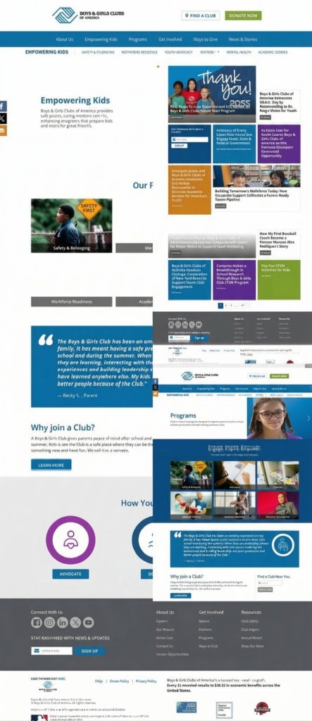 Boys and Girls Clubs of America Empowering Kids and Programs pages showing safety belonging workforce readiness and youth advocacy sections on desktop and mobile