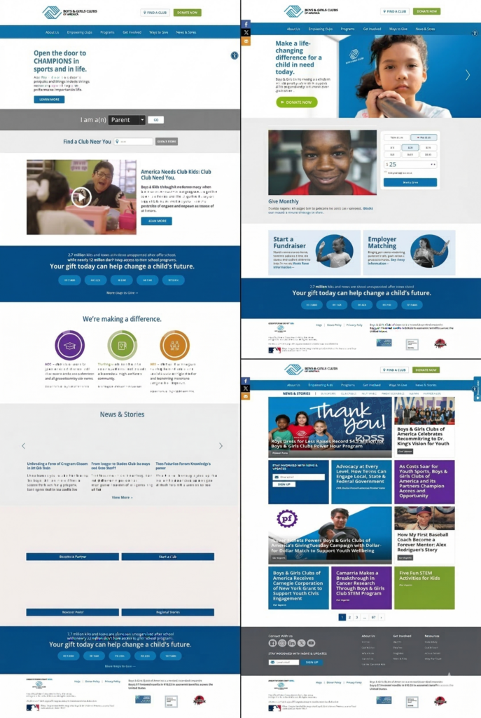 Boys and Girls Clubs of America website mockup showing homepage donation page news stories and mobile responsive design
