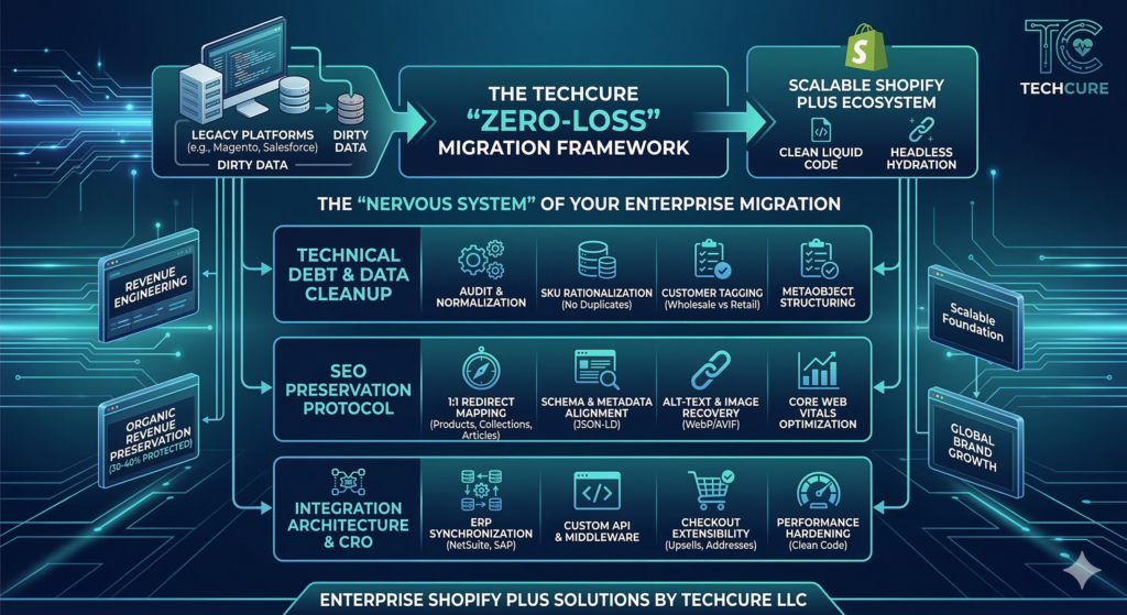 An infographic illustrating the TechCure "Zero-Loss" Shopify Plus Migration Framework, showing interconnected pillars for Technical Debt & Data Cleanup, SEO Preservation Protocol, and Integration Architecture & CRO.